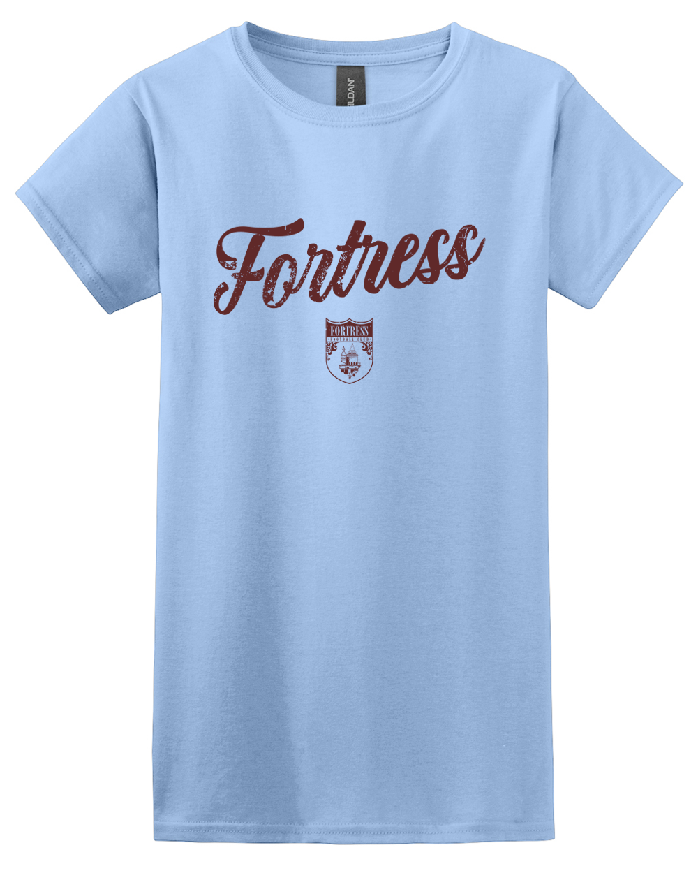 Light blue t-shirt with 'Fortress' text and logo on a white background