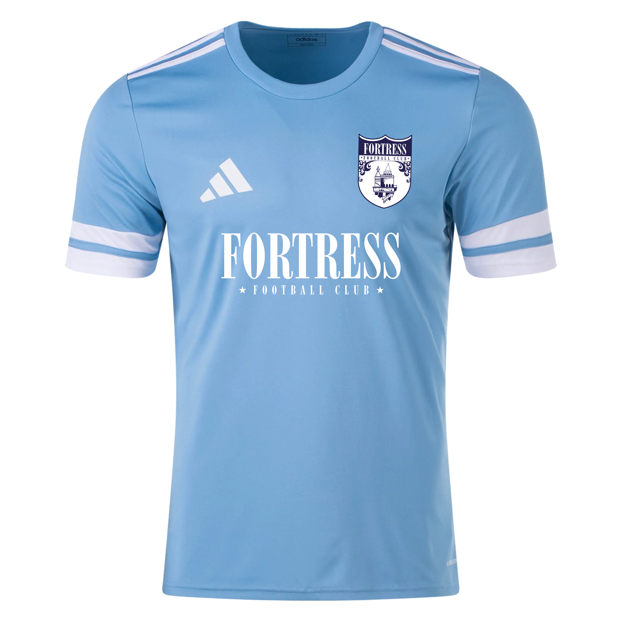 Light blue sports jersey with Adidas logo and 'Fortress Football Club' text on a white background
