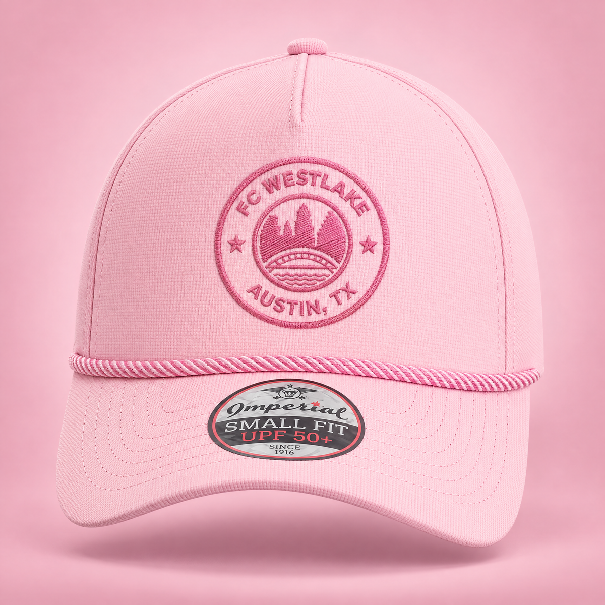 FC Westlake pink rope cap with circular crest, front view