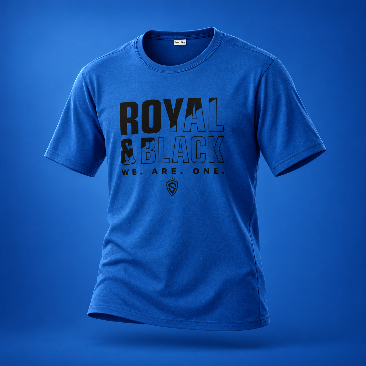 Royal blue Sting youth T-shirt with Royal & Black We Are One graphic, front view