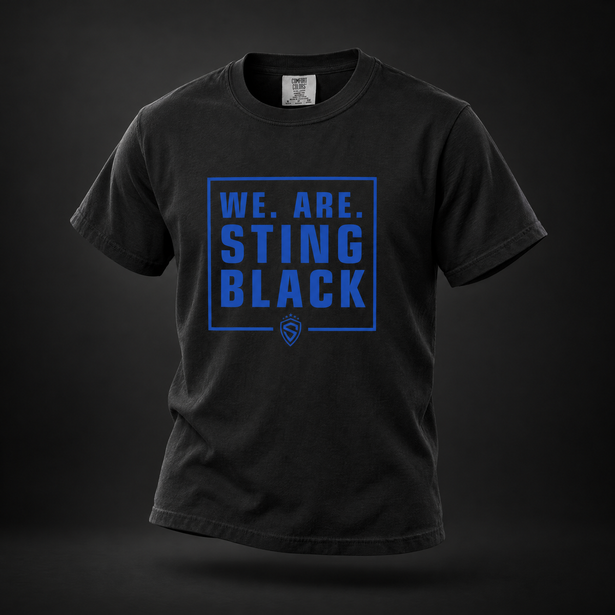 Black Sting adult T-shirt with We Are Sting Black graphic, front view