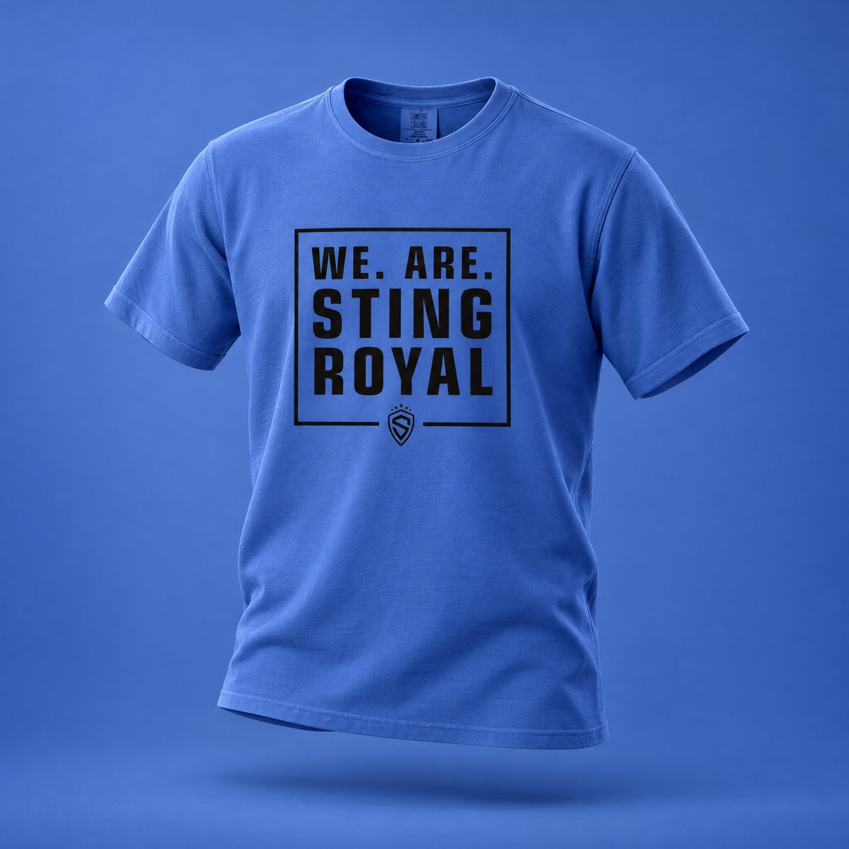 Royal blue Sting youth T-shirt with We Are Sting Royal graphic, front view
