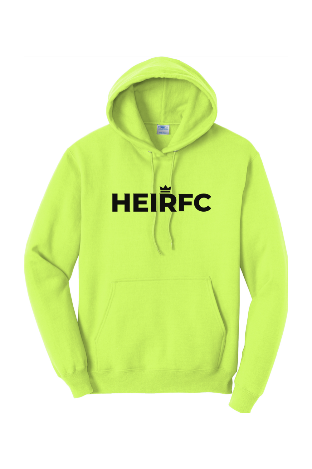 Neon green hoodie with 'HEIRFC' text on a white background