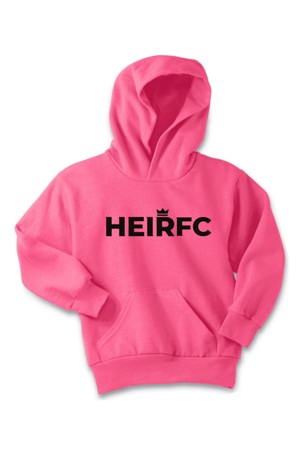 Pink hoodie with 'HEIRFC' text on a white background