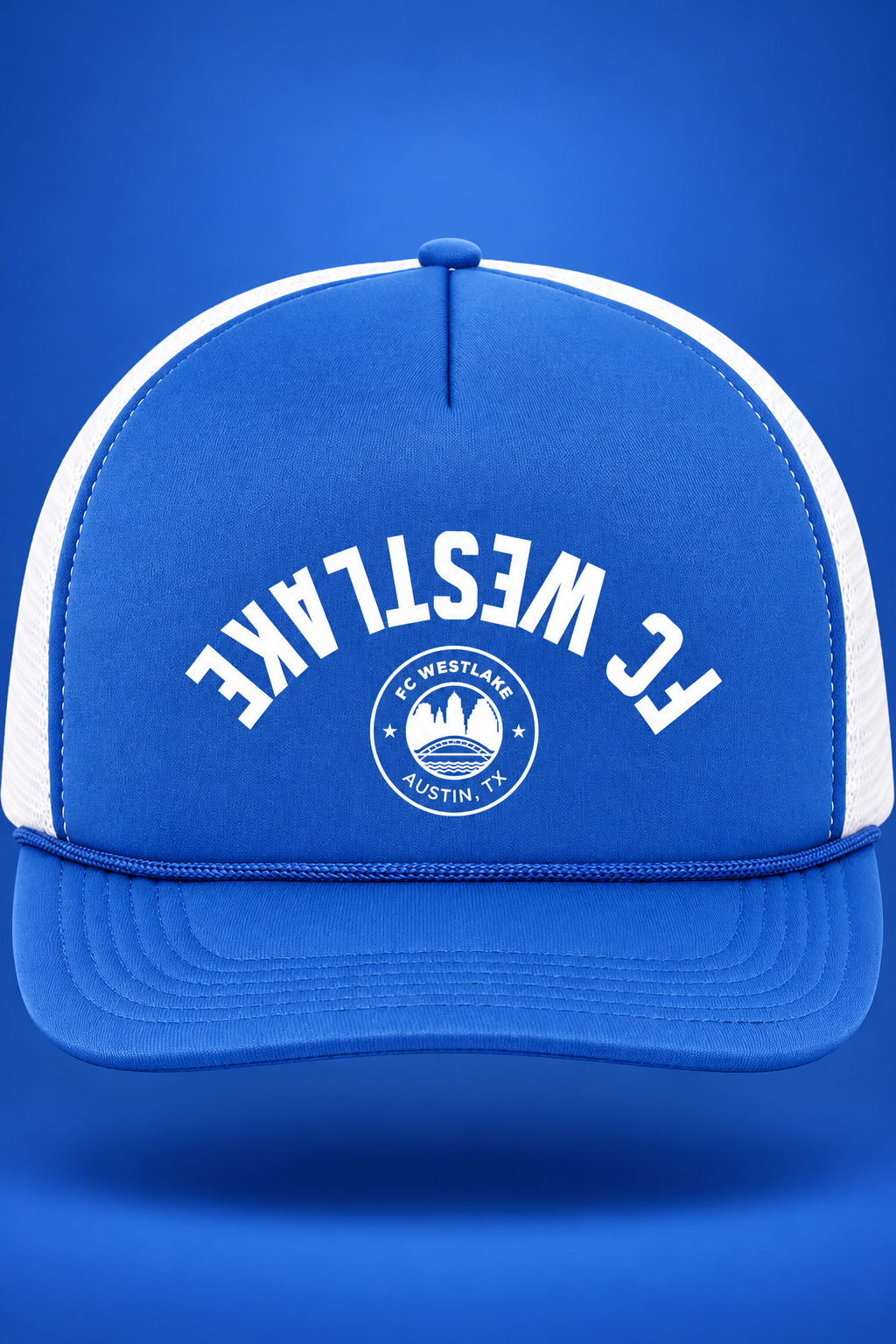 FCW | Arched Crest Foam Trucker Cap – White, front view
