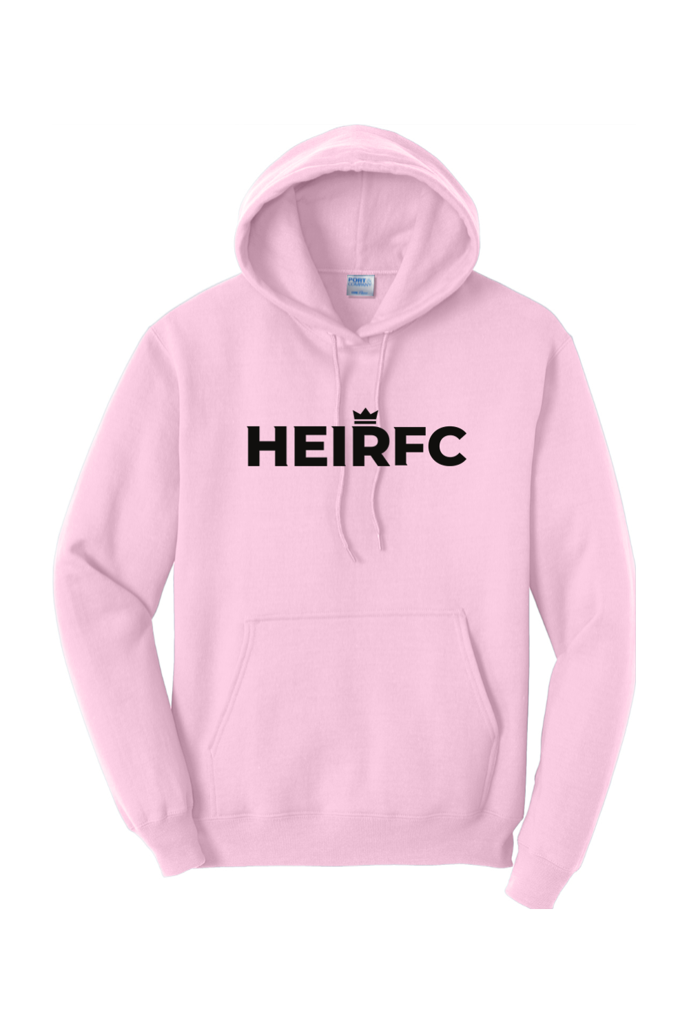 Pink hoodie with 'HEIRFC' text on a white background