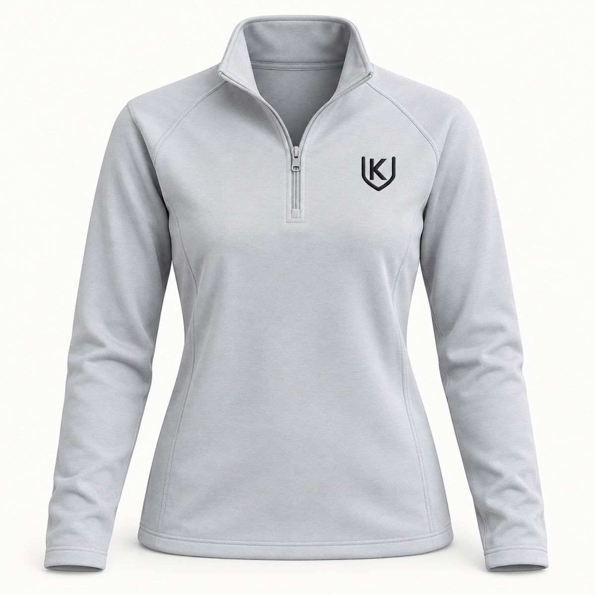 Light-grey women's quarter-zip pullover with a small black K-shield embroidered on the left chest.