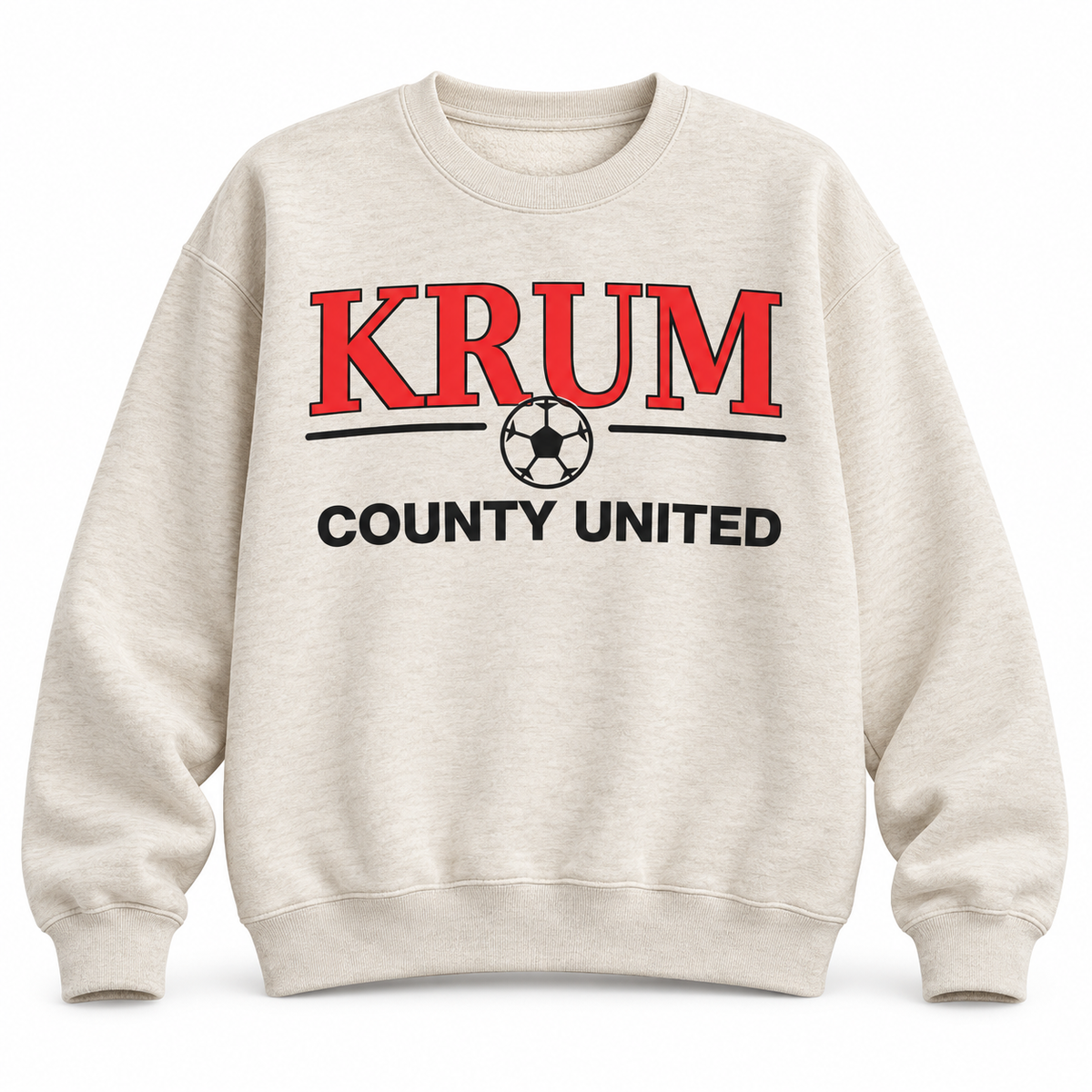 Oatmeal women's crewneck sweatshirt with red collegiate KRUM lettering and a black soccer graphic.