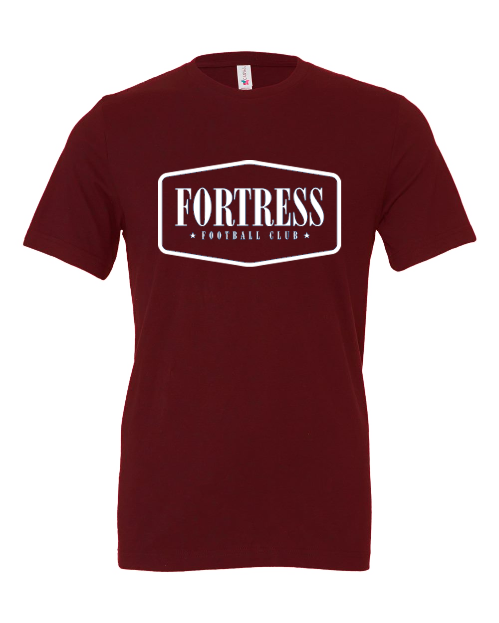 Maroon t-shirt with 'Fortress Football Club' logo on a white background