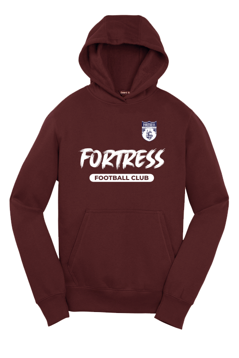 Maroon hoodie with 'Fortress Football Club' text and logo on a white background