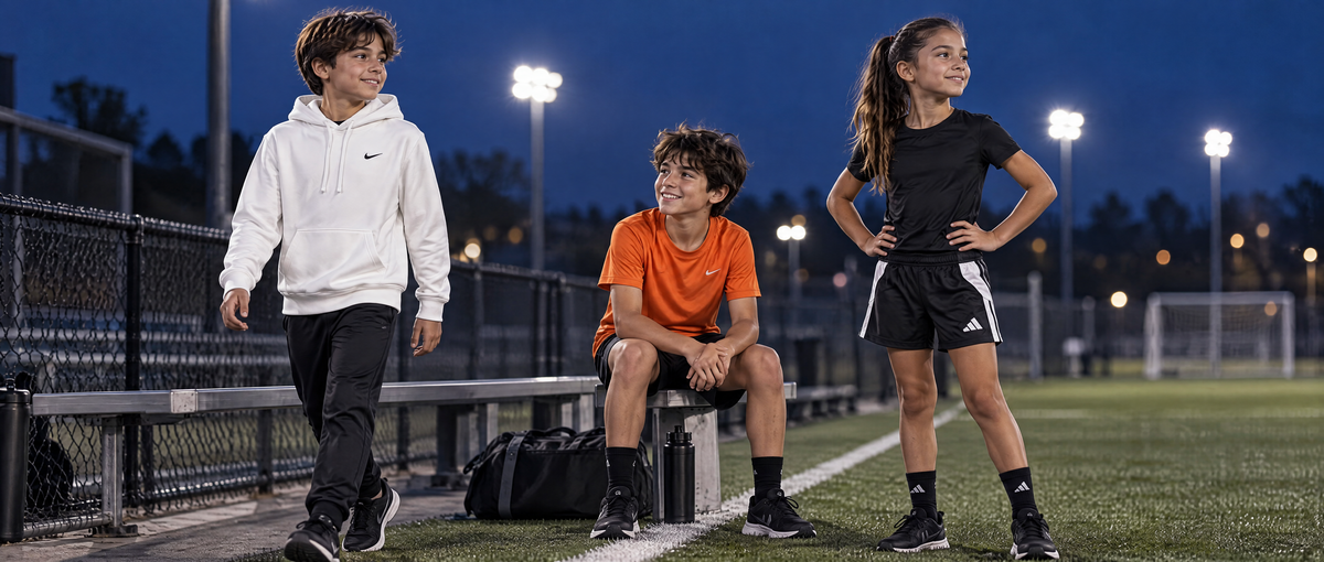 Youth athletic apparel sale featuring three young athletes beside a training field
