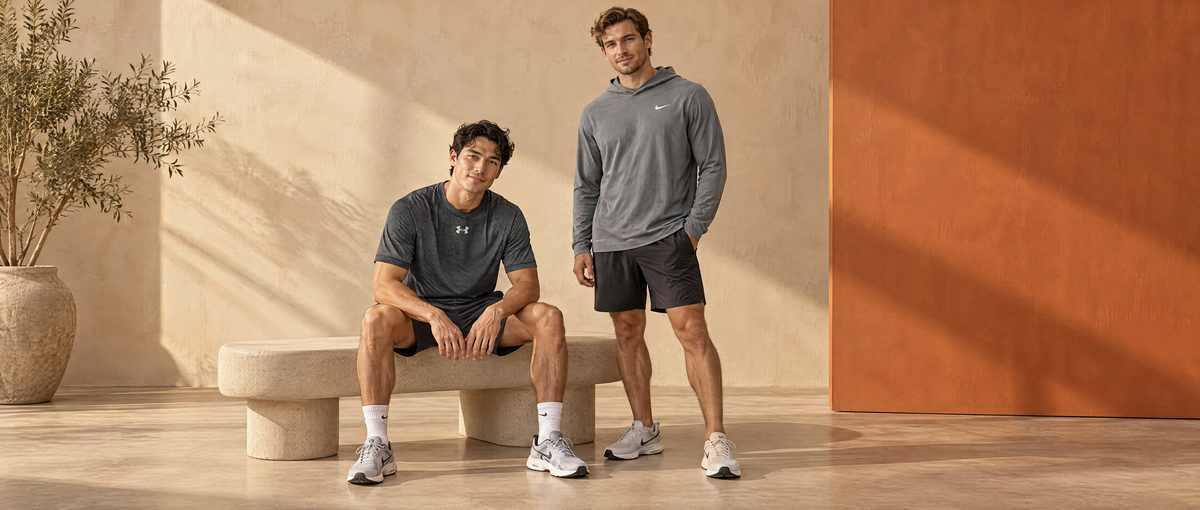 Men's athletic apparel sale featuring two models in a warm minimalist studio