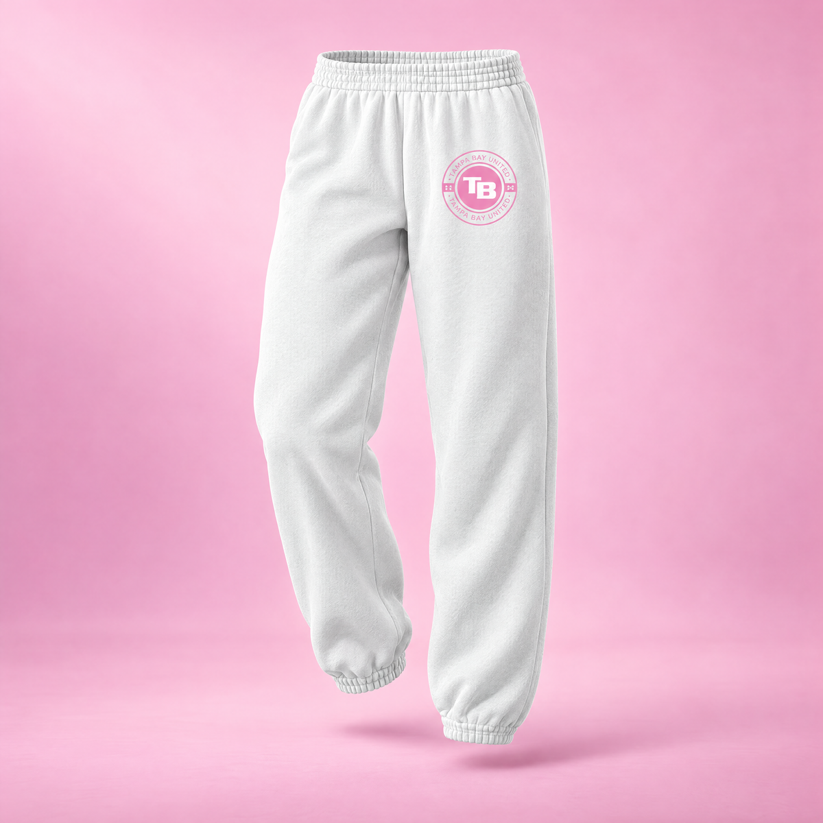 Tampa Bay United white crest sweatpants, front view