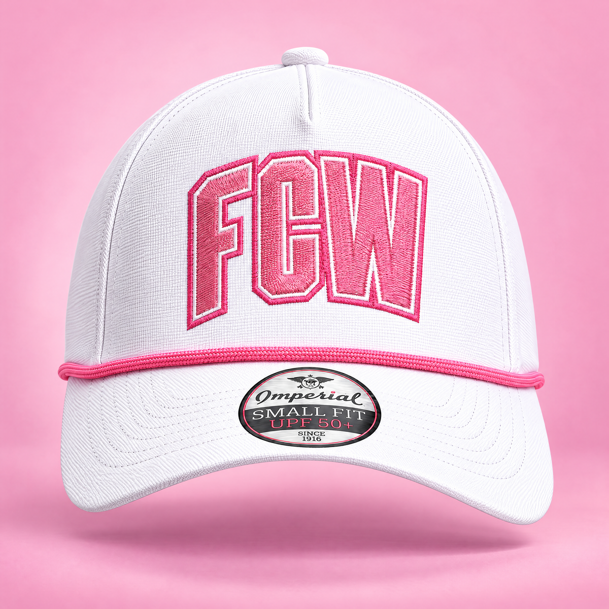 FC Westlake white rope cap with pink FCW logo, close-up front view