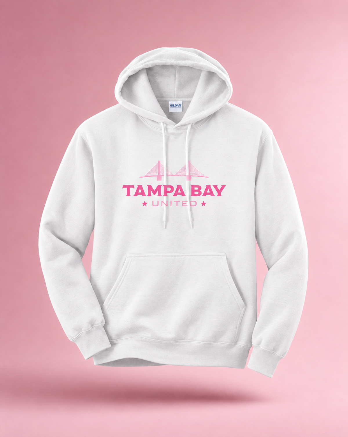 Tampa Bay United white bridge hoodie with pink logo, front view