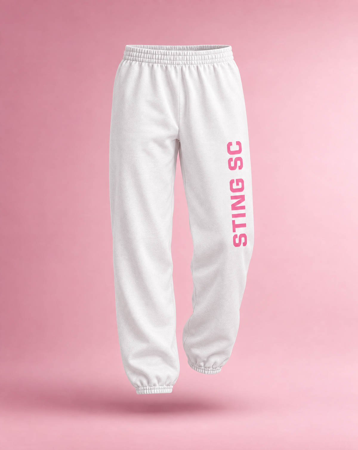 Sting Soccer Club youth white sweatpants with pink leg logo, front view