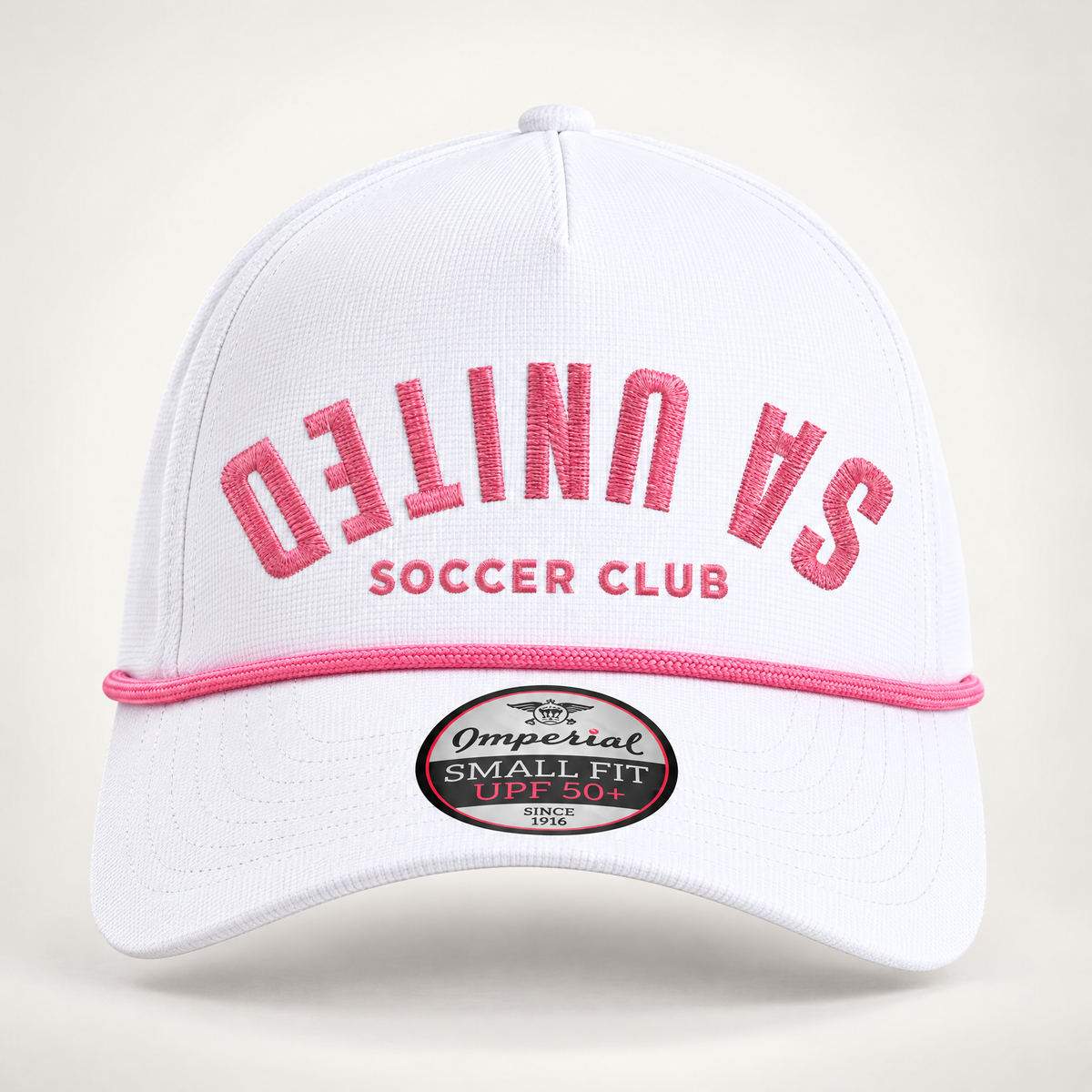 San Antonio United white rope cap with pink wordmark, front view