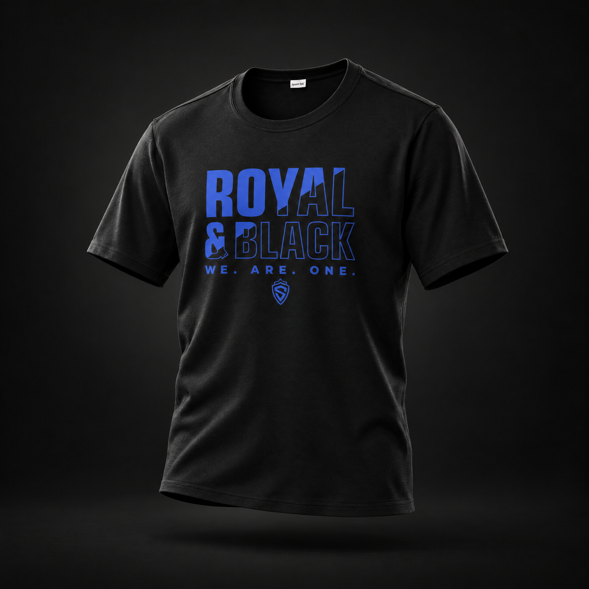 Black Sting youth T-shirt with Royal & Black We Are One graphic, front view