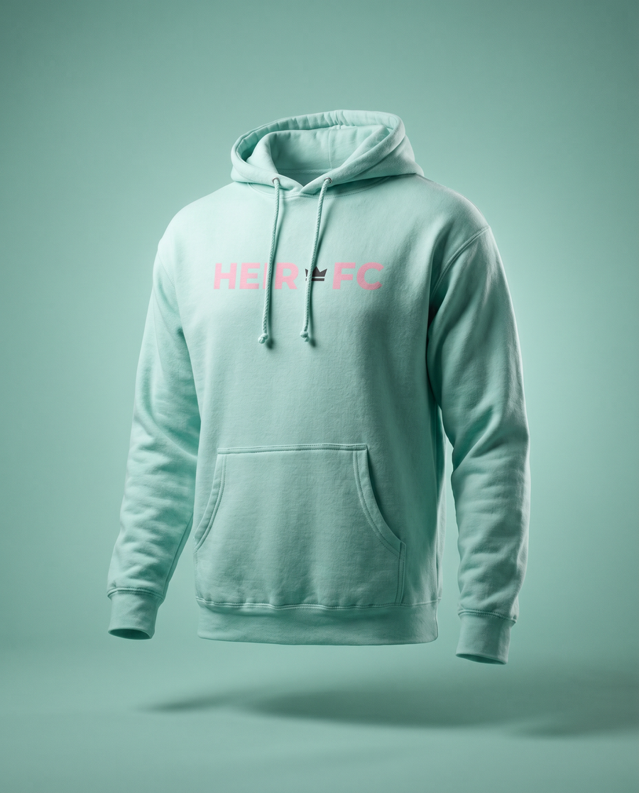 Light blue hoodie with 'HER FC' text on a light green background
