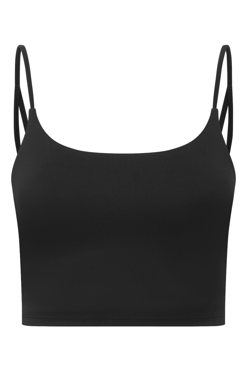 Black crop top with thin straps on a white background