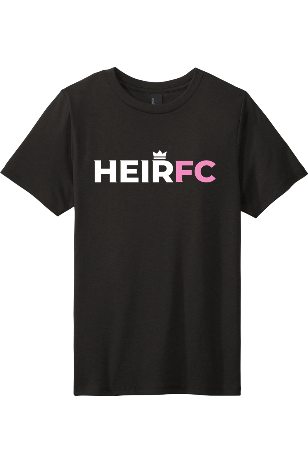 Black t-shirt with 'HEIRFC' logo on a white background