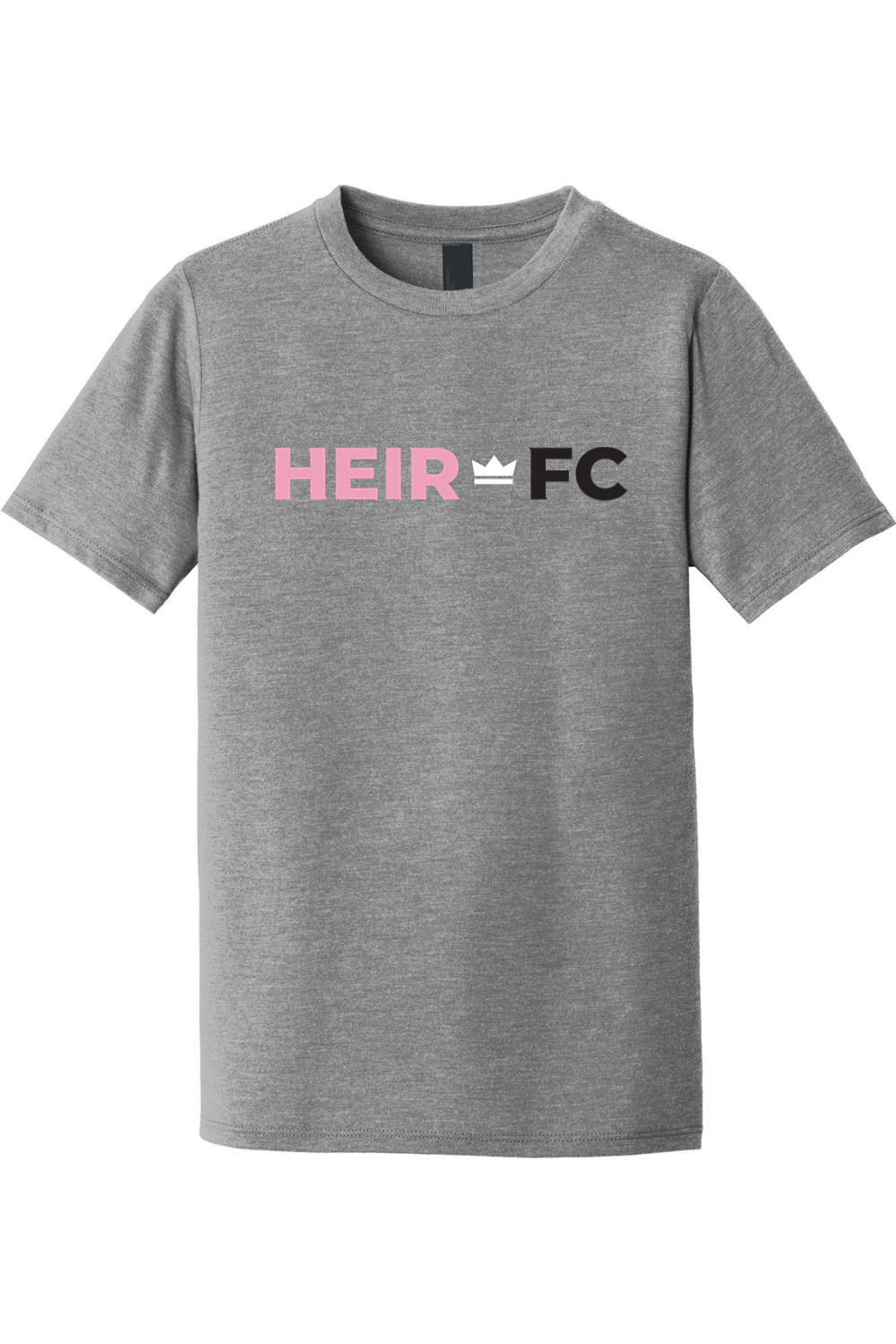 Gray t-shirt with 'HEIR FC' text on a white background