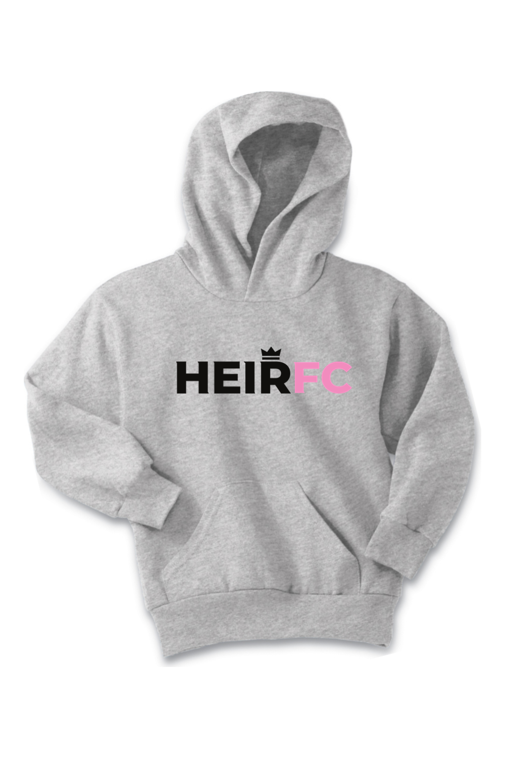 Gray hoodie with 'HEIRFC' text on a white background