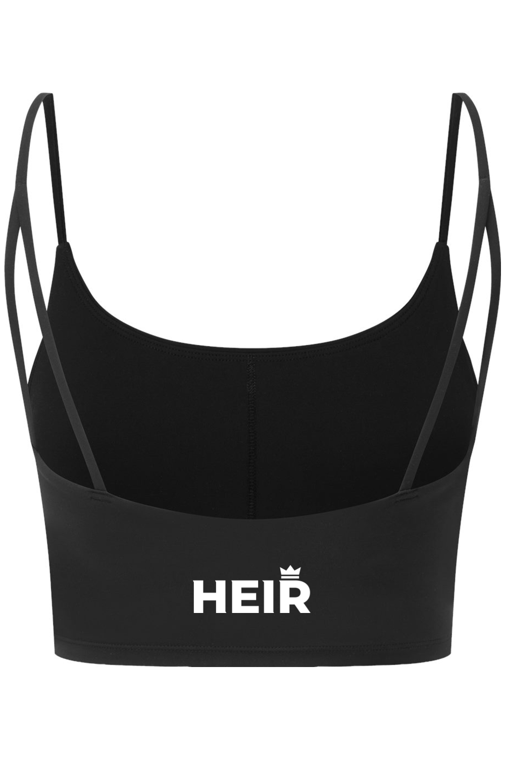 Black sports bra with 'HEIR' logo on a white background