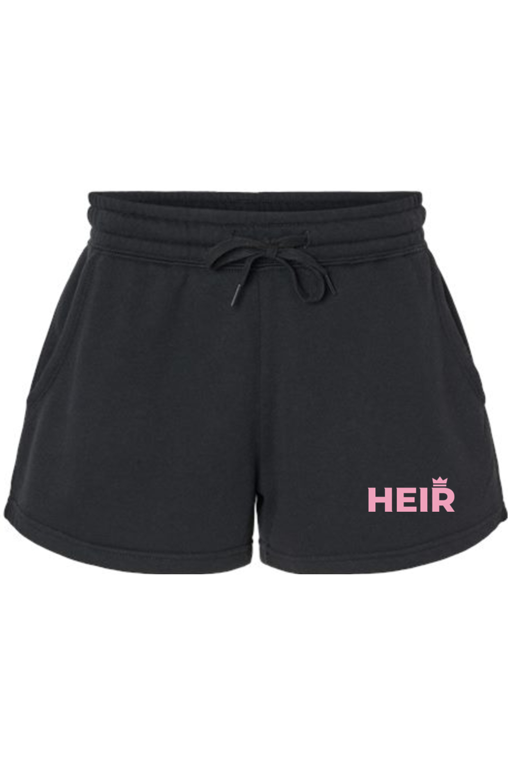 Black shorts with 'HEIR' logo on a white background