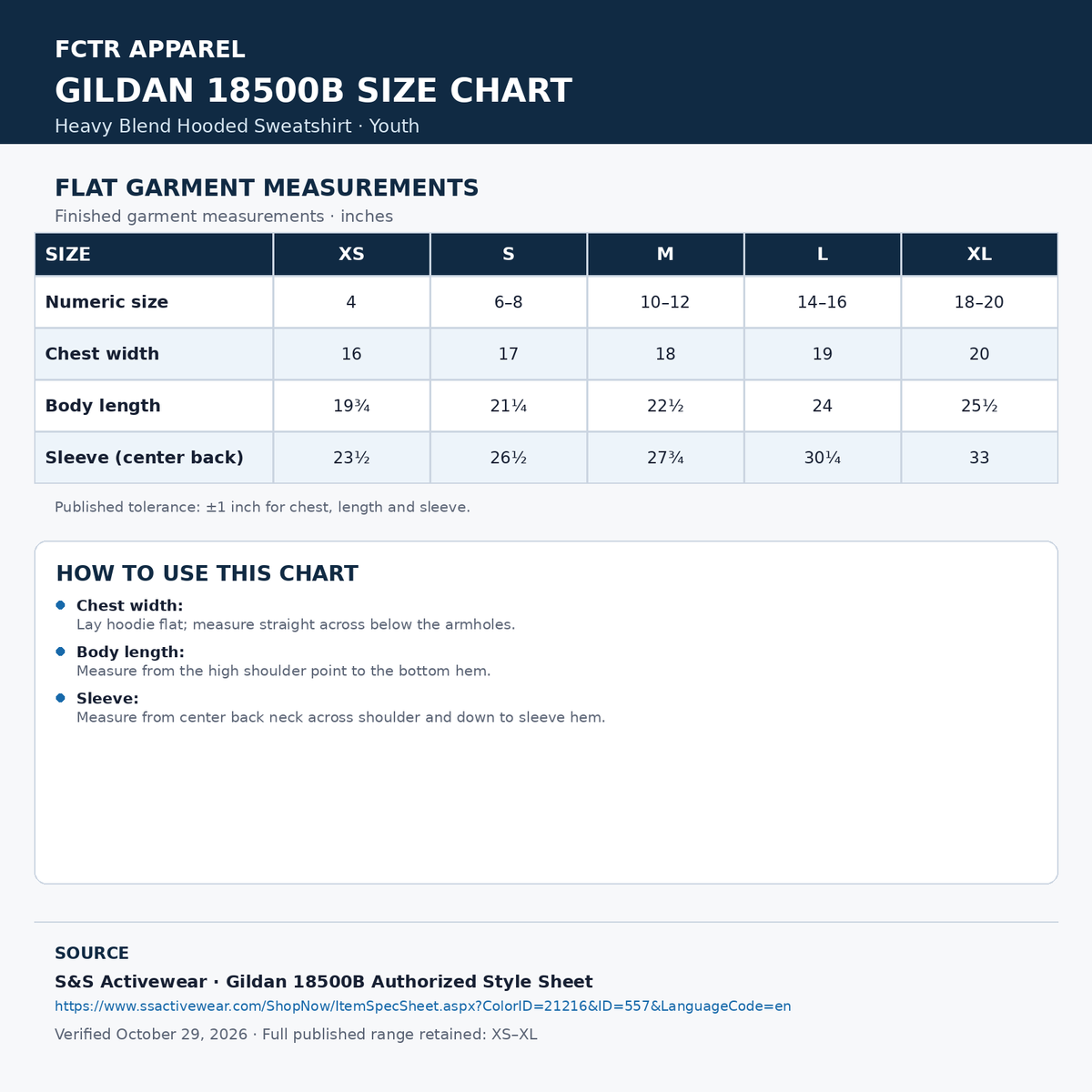 FCTR Gildan 18500B youth Heavy Blend hooded sweatshirt size guide. Flat garment measurements in inches, full XS–XL range. S&S verified October 29, 2026.