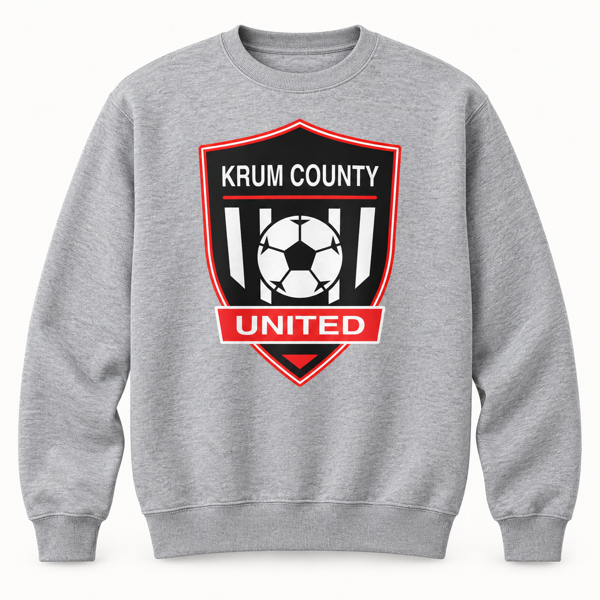 Heather-grey men's crewneck sweatshirt with a large red, black, and white Krum County United crest.