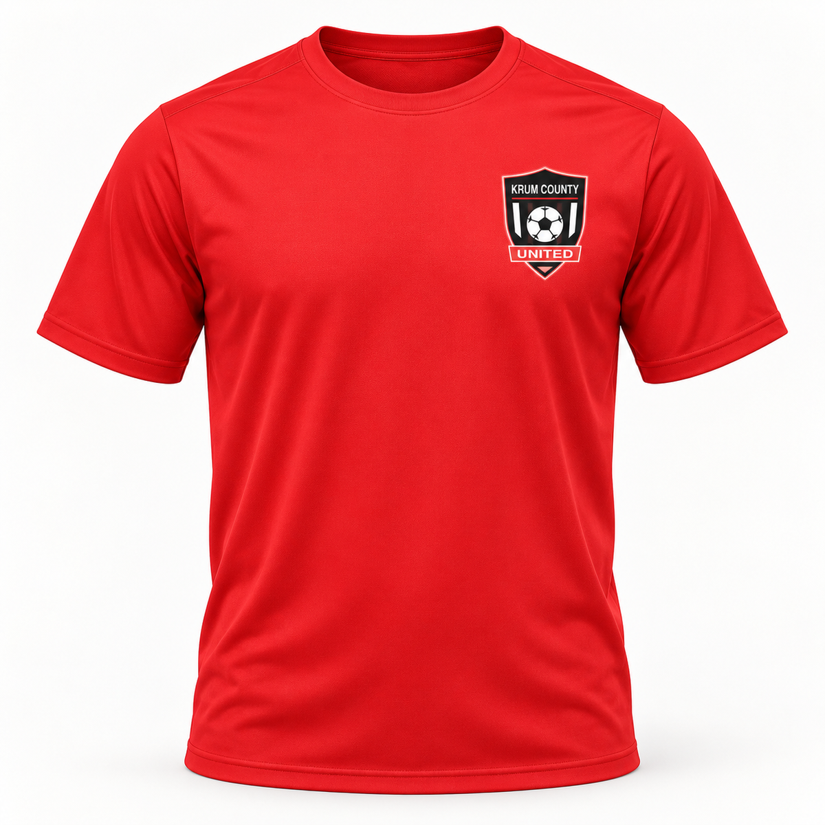 Red men's athletic-style T-shirt with the Krum County United crest on the left chest.