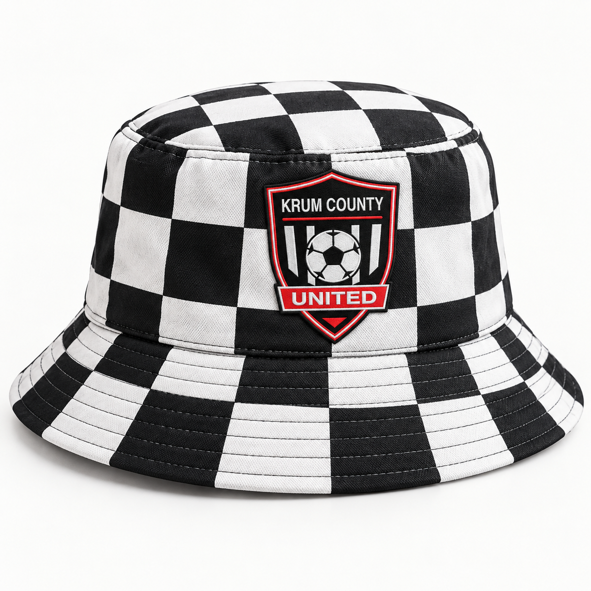 Black and white checker Krum County United bucket hat with a full-color crest patch.
