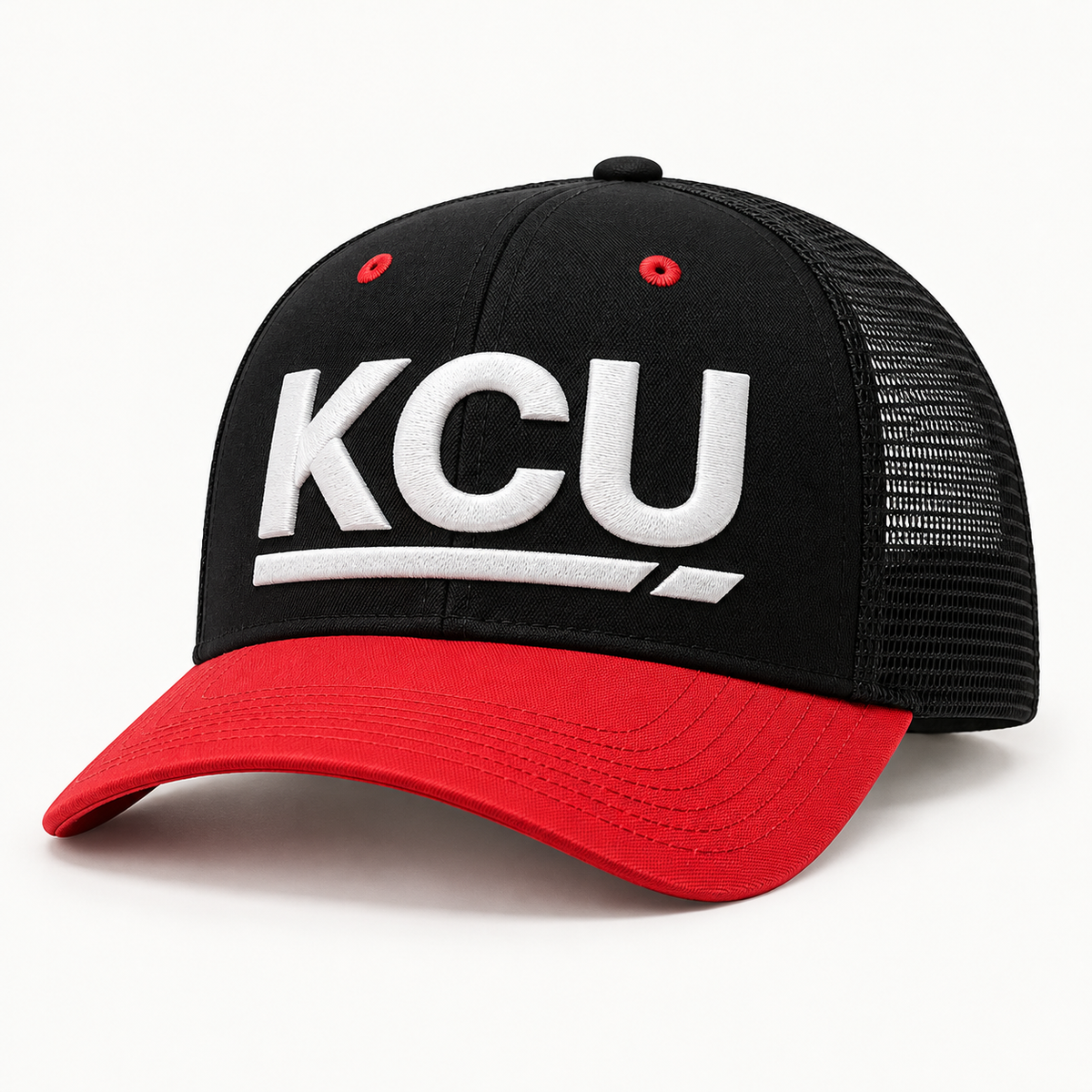 Black and red Krum County United trucker cap with raised white KCU embroidery and a curved red bill.