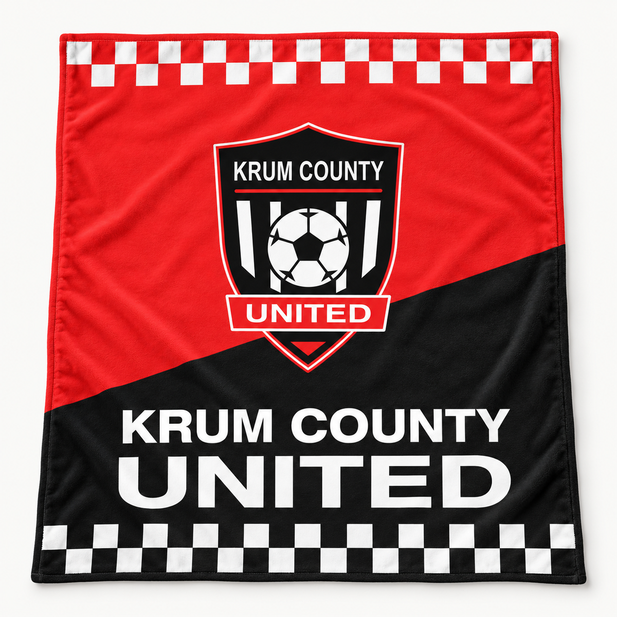 Red and black Krum County United stadium blanket with an oversized crest and white checker borders.