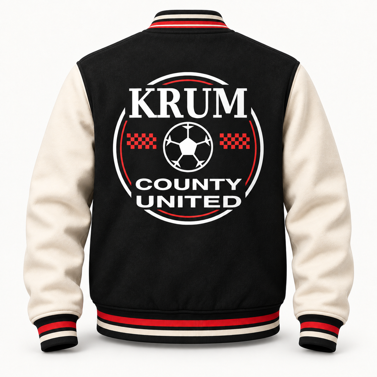Back of the black and cream Krum County United varsity jacket with a large white and red soccer roundel.