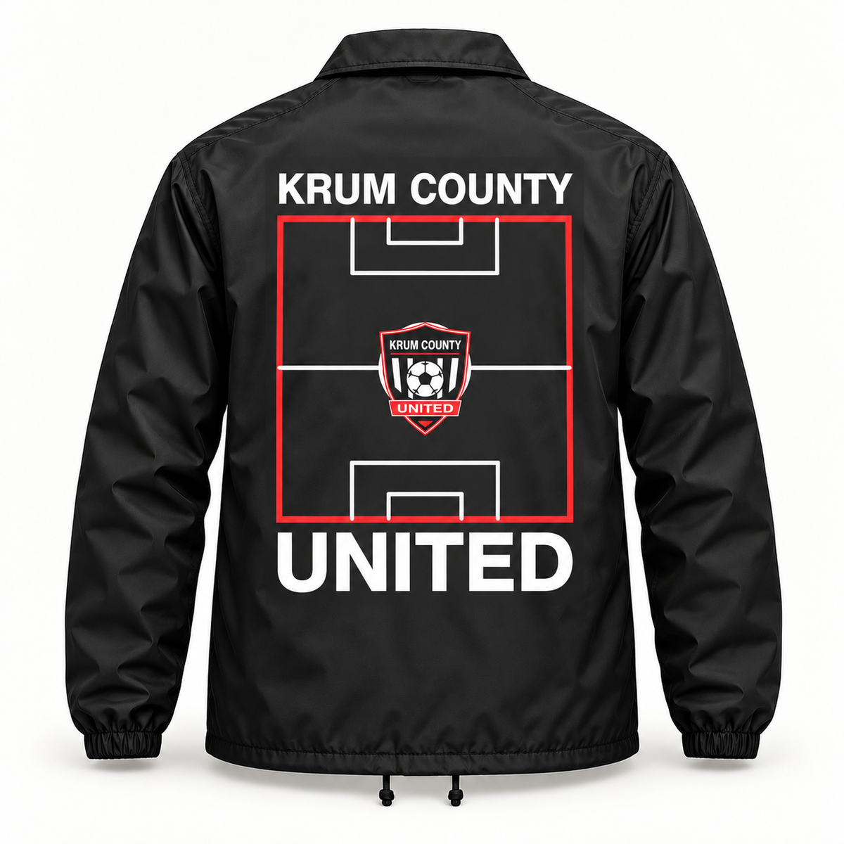Back of the black Krum County United coach jacket with a red pitch diagram, crest, and UNITED lettering.