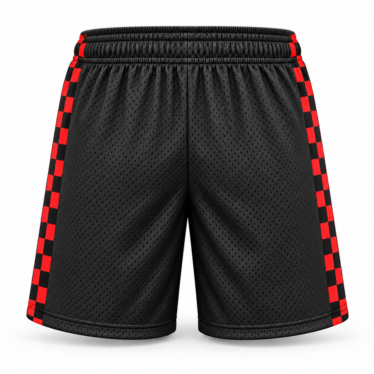 Rear view of charcoal youth Krum County United mesh shorts, showing the checker side-panel continuation.